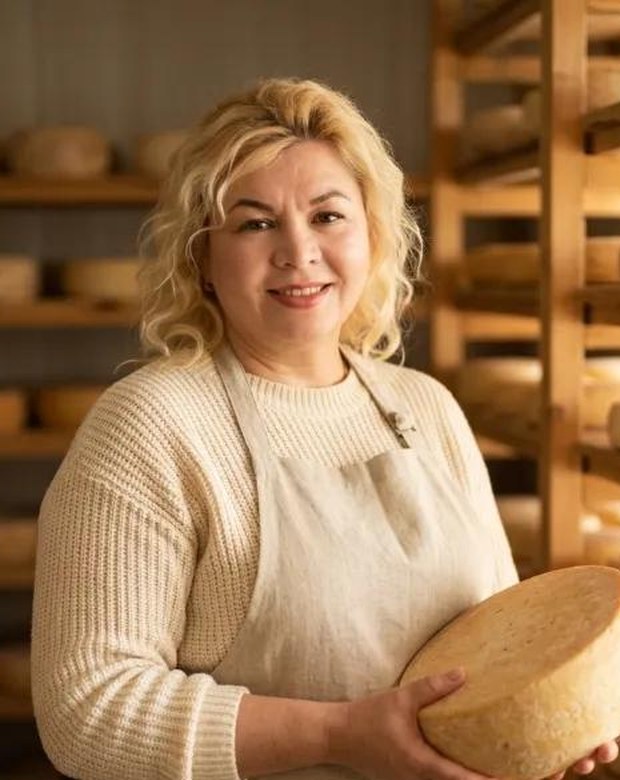 Марина держит головку сыра в сыроварне